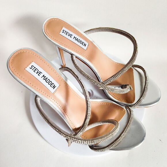 Steve Madden 8.5 Pumps Strappy Rhinestones Formal Dressy Silver Open Toe Heels - Picture 9 of 9